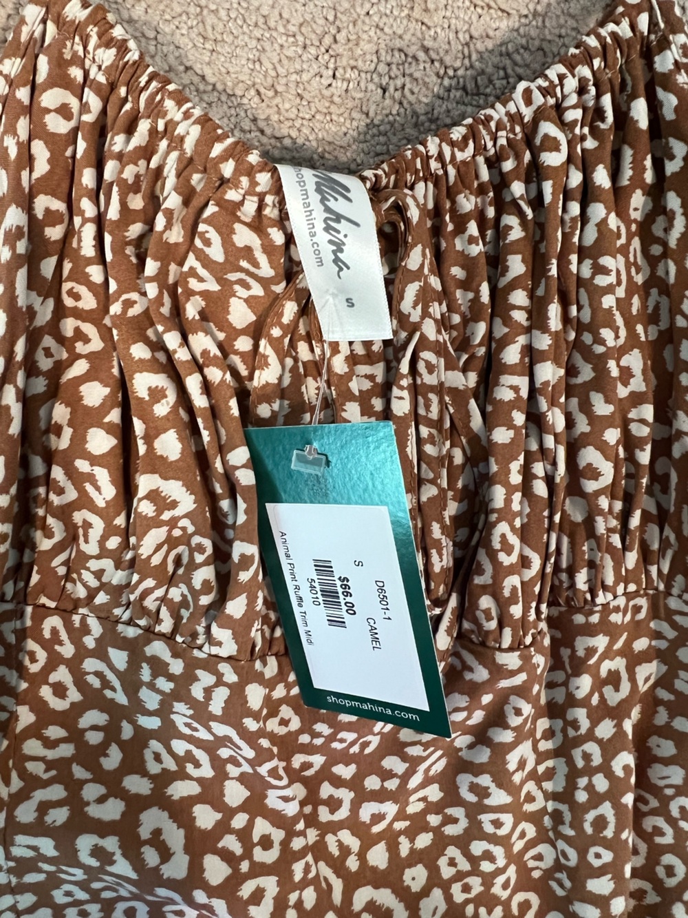 mahina Camel and White Animal Print Peasant Dress